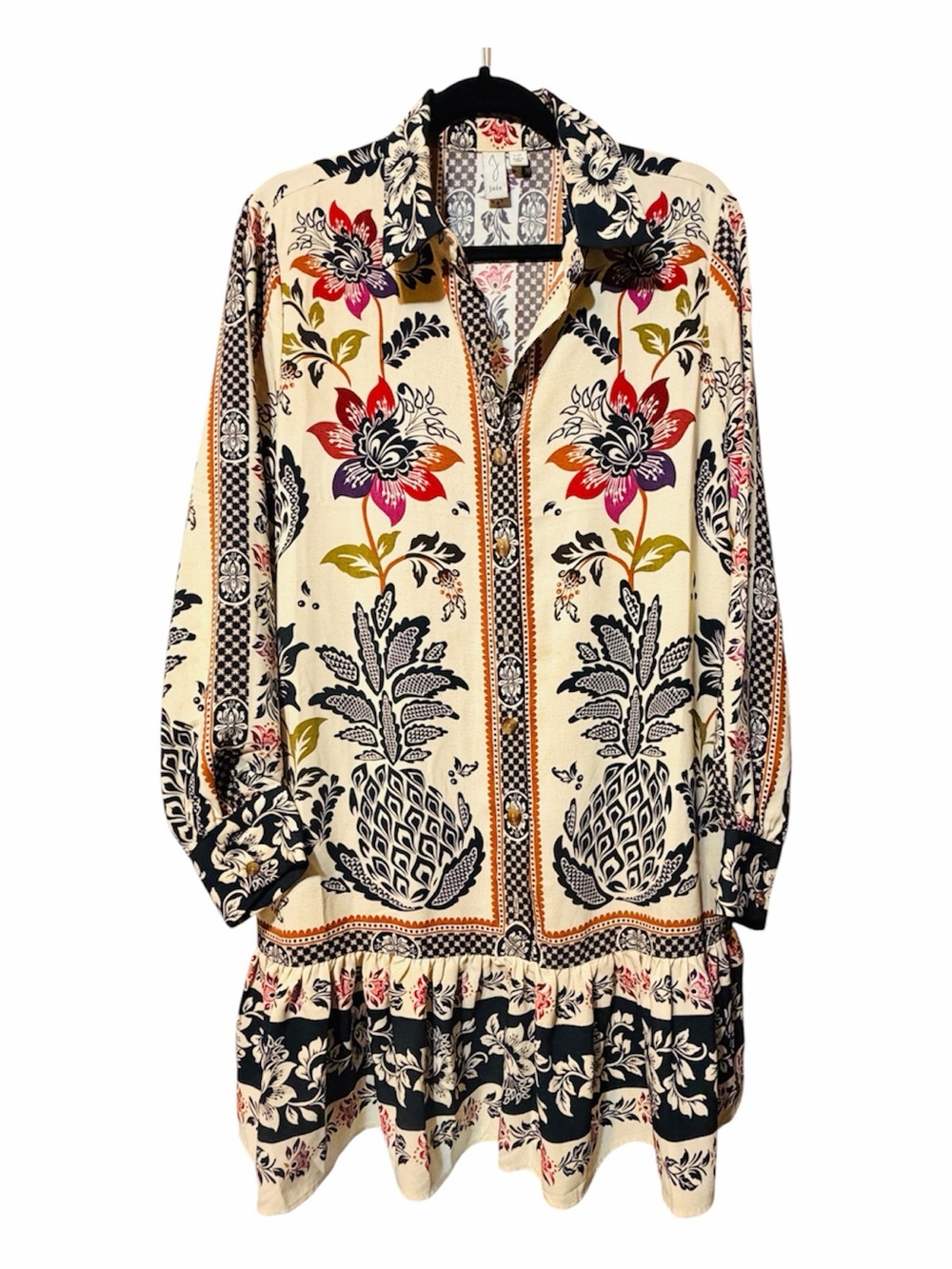 Joie Boho Floral Pineapple Print Ruffle Hem Dress - Size Large - Picture 2 of 12